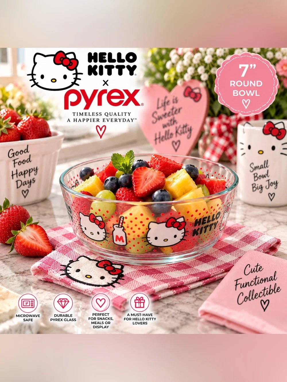 Hello Kitty Pyrex Clear Glass Bowl with Red and Pink Accents
